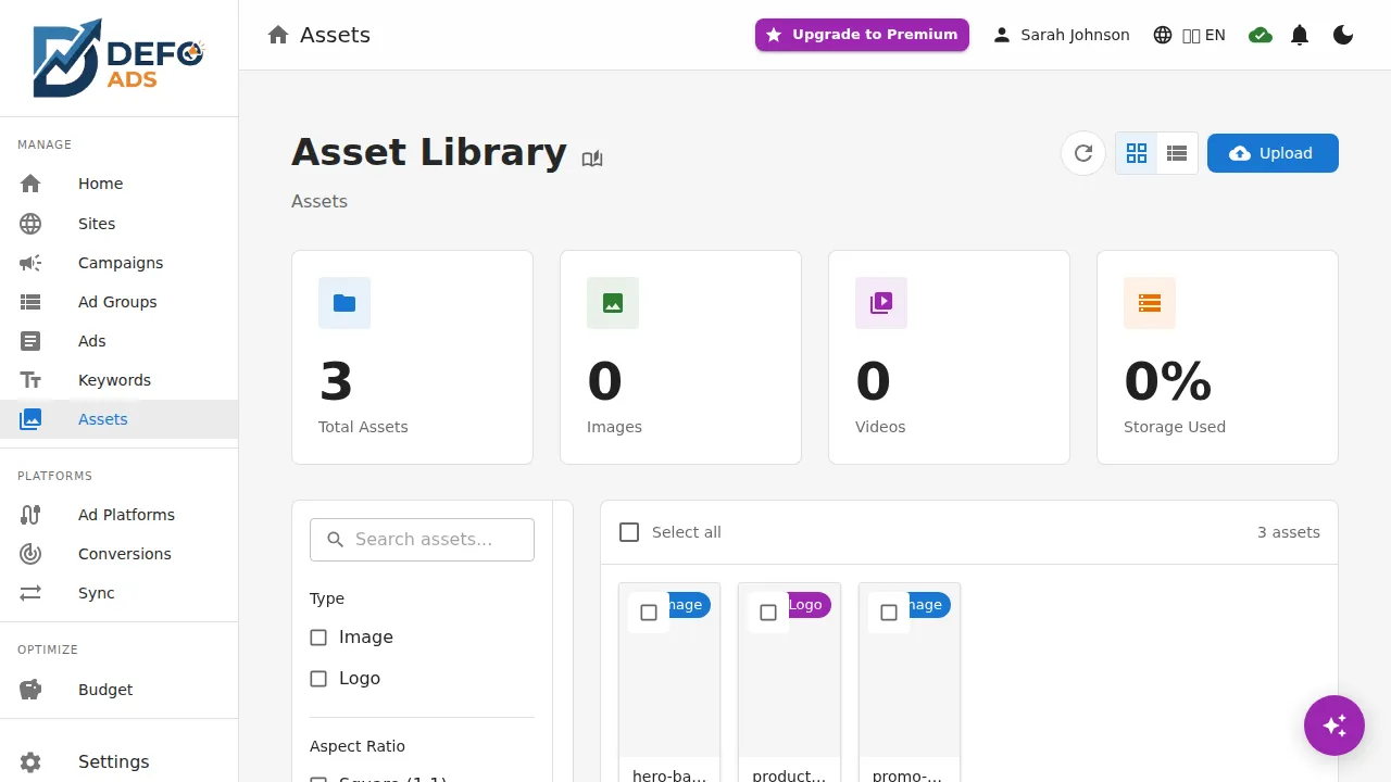 Asset library main view with uploaded assets