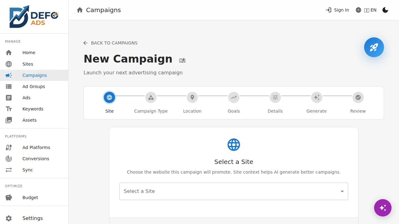 Campaign creation wizard with 7-step progress indicator