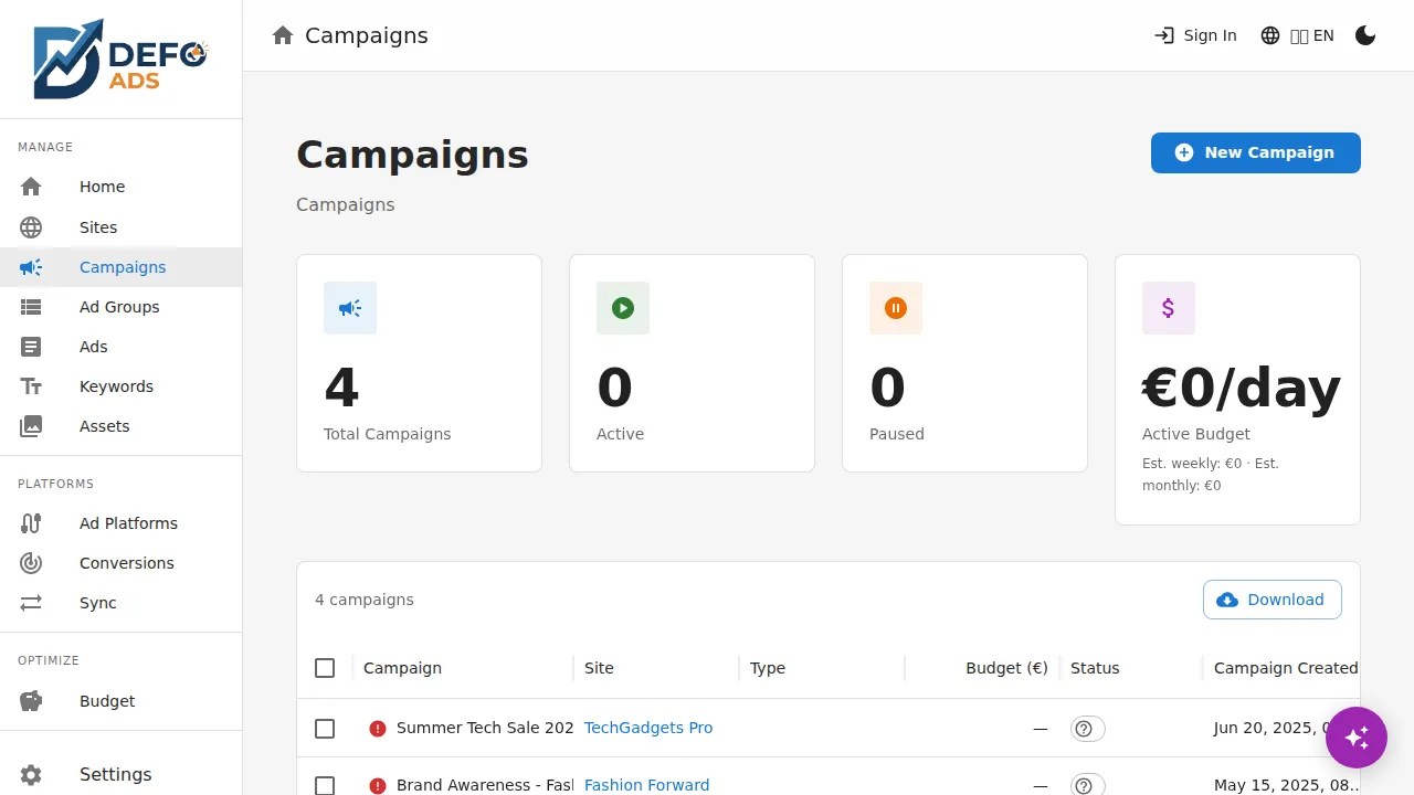 Campaign list with filtering and search