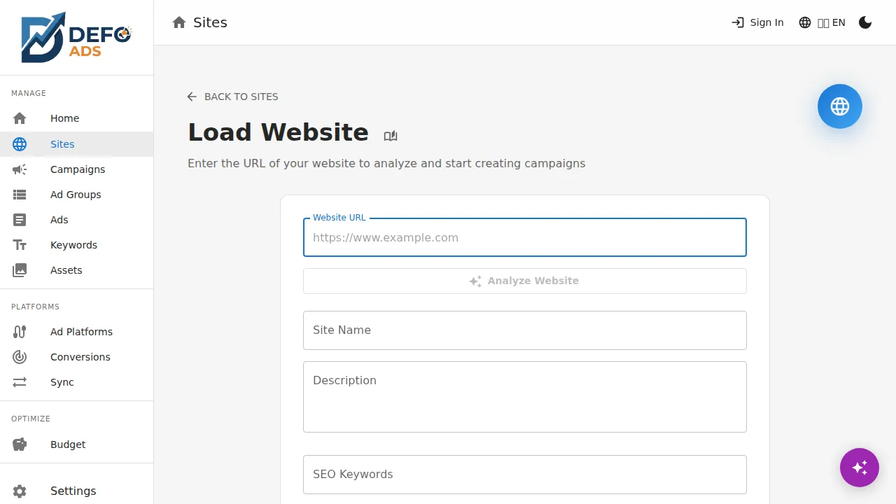 URL entry for AI website analysis
