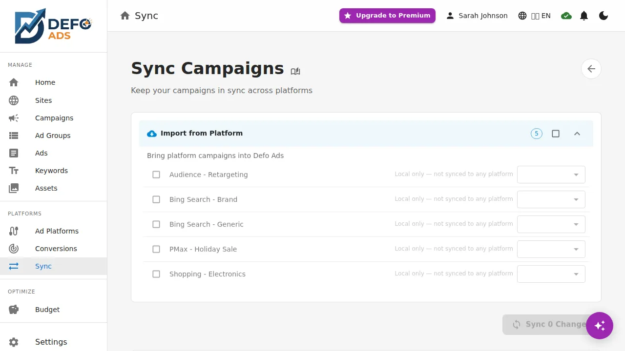 Sync page with import and export sections